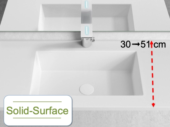 Plan vasque lavabo sur mesure : L 50 à 201 x P 30 à 51 cm, finition lisse mate, Solid-Surface, Anti bactérien, résine Akrytan® SOLID teinté dans la masse, Livraison Offerte.